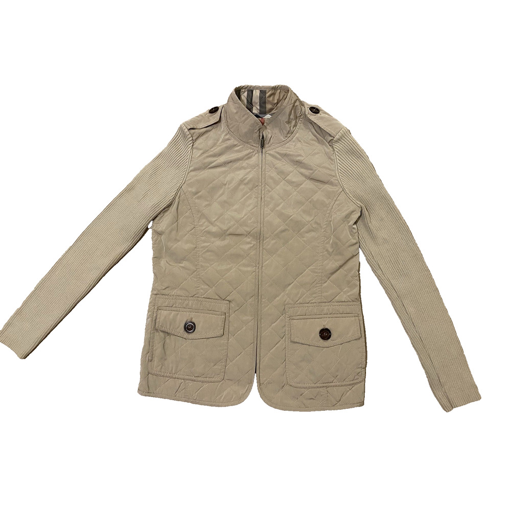 Burberry Quilted Ribbed Knit Jacket S Tan‎ Check Lining Mixed Media Designer